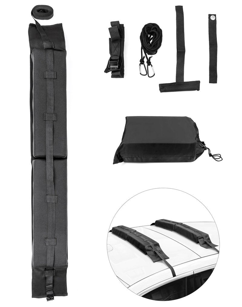 QWORK Universal Soft Roof Rack Pads with 16ft Waterproof Tie-Down Straps, Car Roof Top Carrier System for Kayak Surfboard Canoe SUP Snowboard, No Roof Rails Needed, Storage Bag