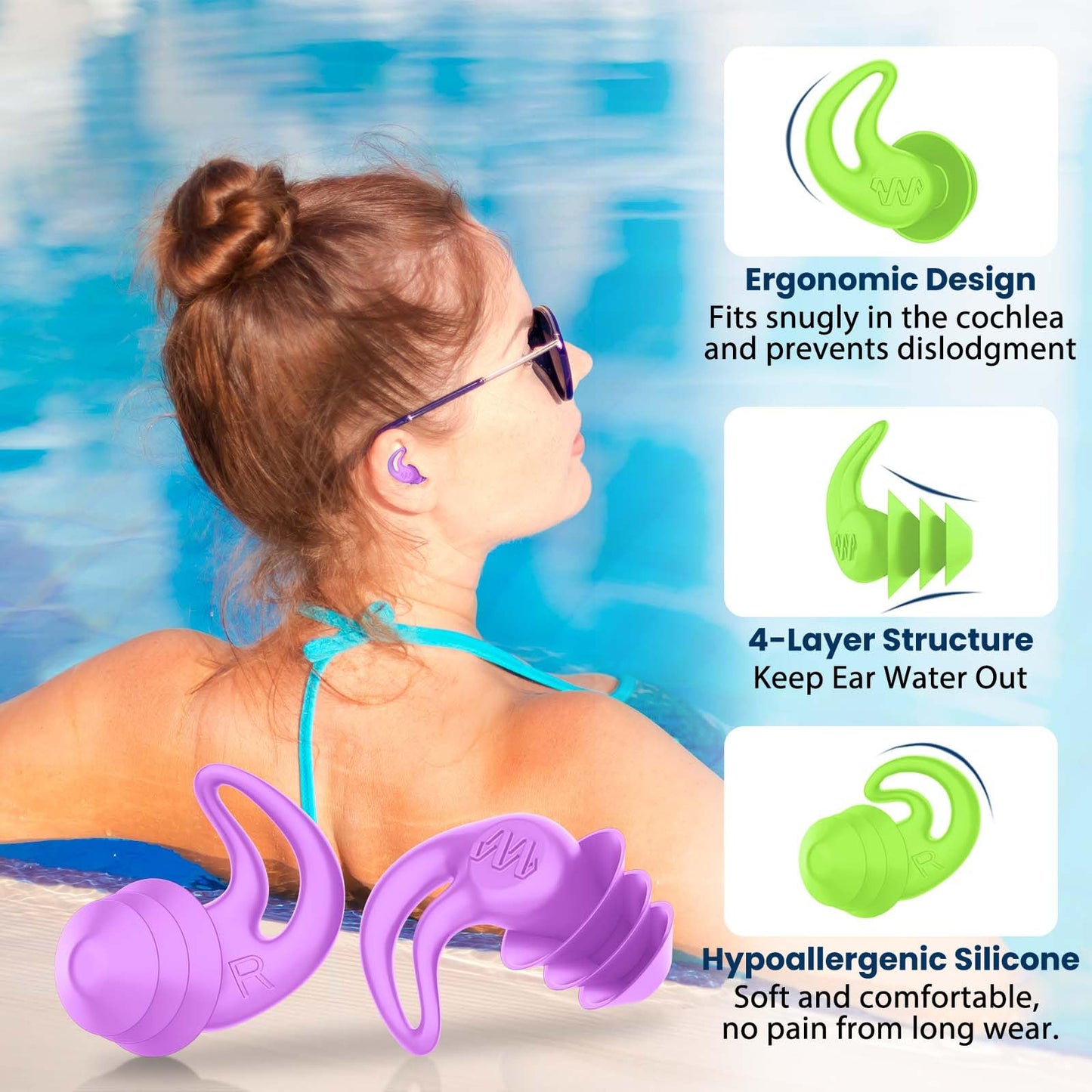 Waterproof Ear Plugs for Swimming Adults - 4 Pairs Reusable Silicone Ear Plugs for Women & Men, Keep Ear Water Out Swimming, Showering, Bathing, Surfing, Water Sports