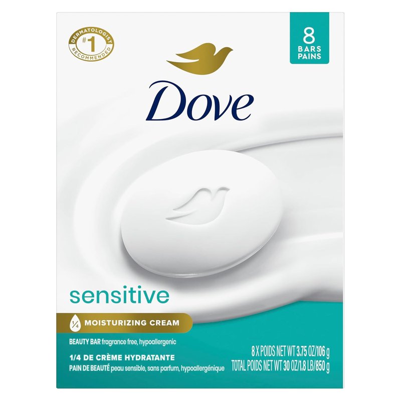 Dove Beauty Bar Soap for Sensitive Skin - Fragrance-Free & Hypoallergenic | 3.75 oz, 8 Bars