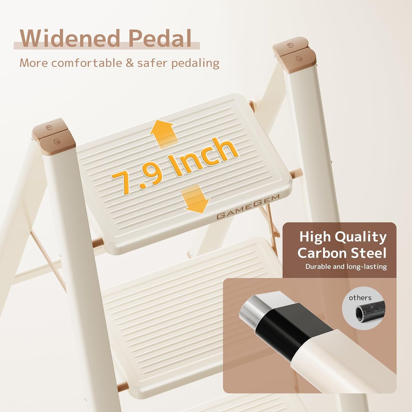 Folding Step Stool - 3 Step Ladder with Wide Anti-Slip Pedal | 330LBS Capacity, Lightweight, Cream Chocolate