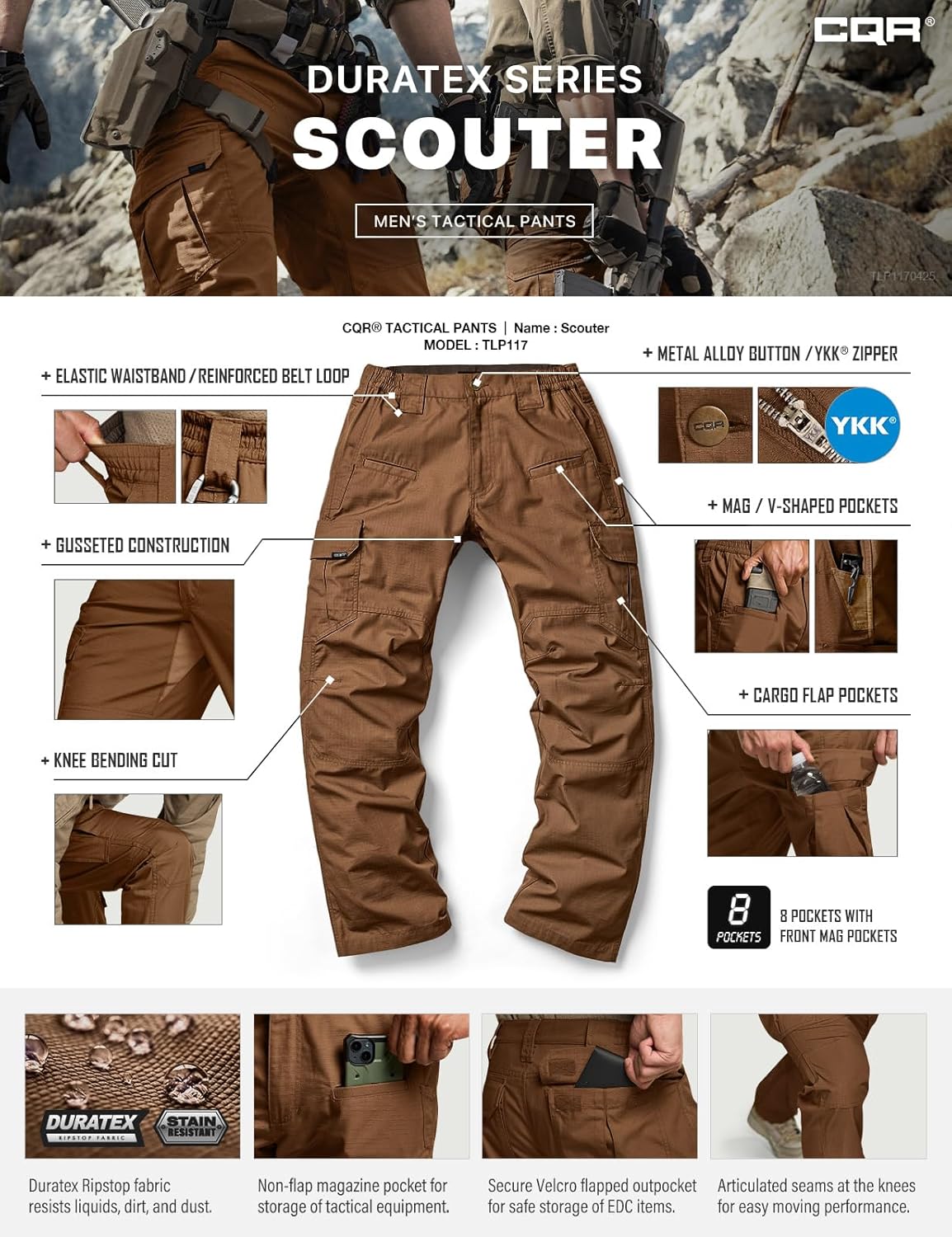 CQR Men's Tactical Pants - Lightweight Water-Resistant Cargo Pants for Hiking | EDC Outdoor Apparel