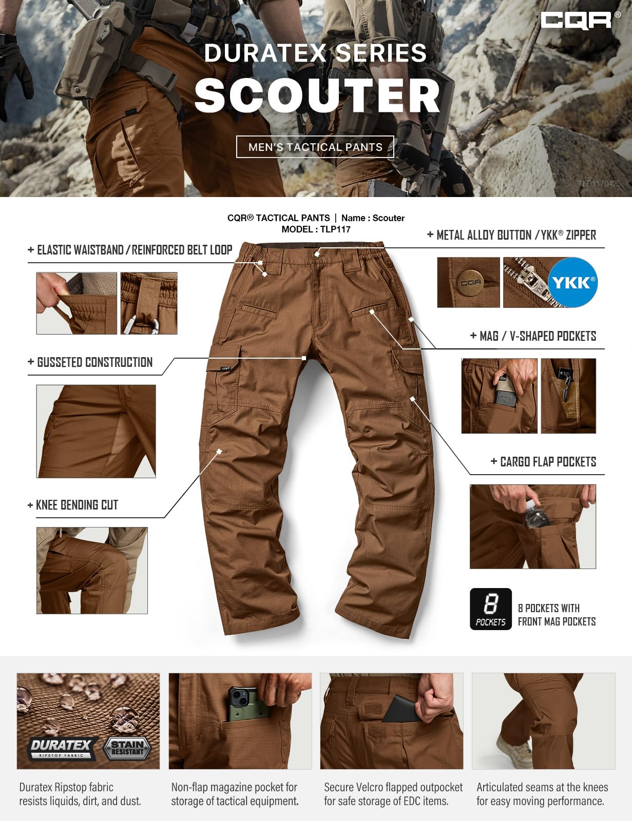 CQR Men's Tactical Pants, Water Resistant Ripstop Cargo Pants, Lightweight EDC Work Hiking Pants, Outdoor Apparel, Raider Copper Brown, 28W x 30L