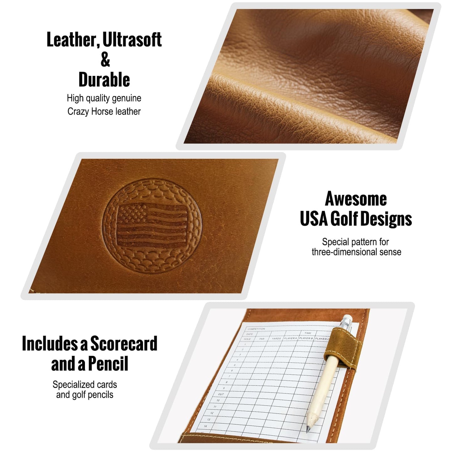 Real Leather Golf Scorecard Holder: USA Genuine Crazy Horse Leather Golf Yardage Book Cover with 4 Scorecard 1 Pencil - Golf Notebook Back Pocket Cool Golf Gifts for Father Him Golfers Men Dad
