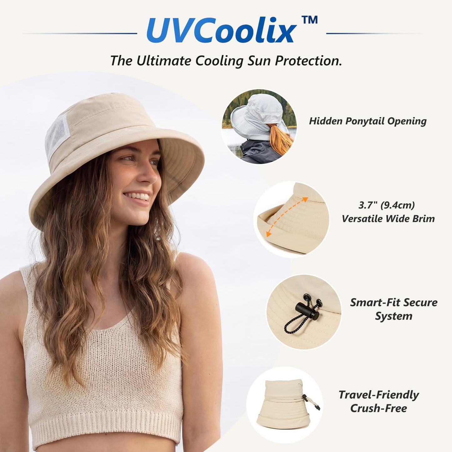 TOP-EX UVCoolix™ Cooling Sun Hat for Women with Ponytail Hole Wide Brim SPF 50 UV Protection Packable Bucket Hat for Travel Beach Gardening Hiking Fishing Camping with Chin Strap Beige L/XL