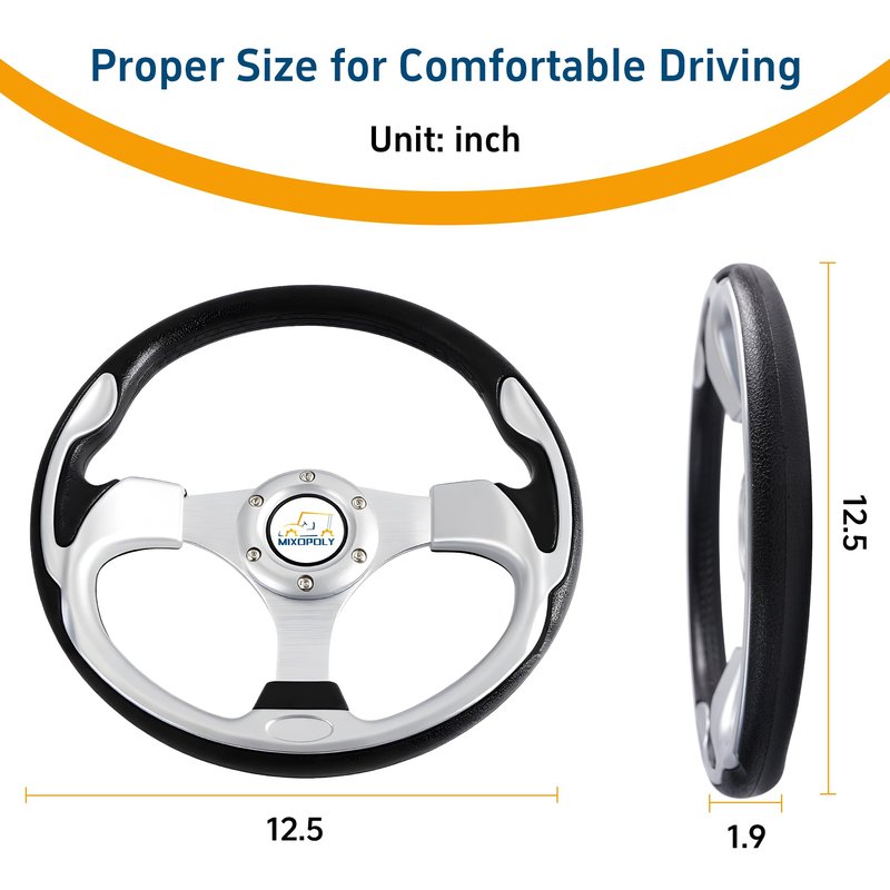 Mixopoly Golf Cart Steering Wheel for Club Car, EZGO, and Yamaha Golf Carts. PP + PU + Aluminum Alloy, Comfortable Grip, 12.5" (silver-round)