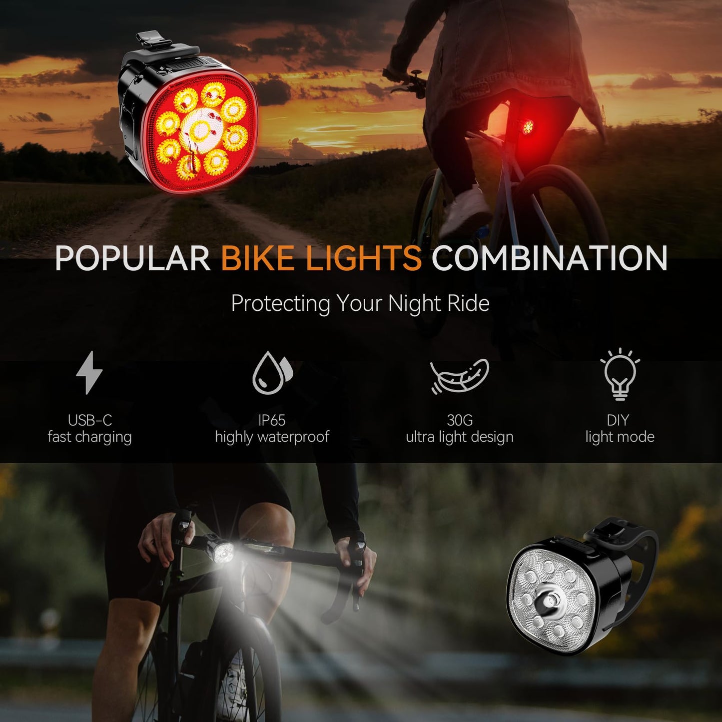 Bike Lights Kit 9LED Bike Headlights High & Low Beams, Ultra-Light and Bright Bicycle Lights, Waterproof Bike Lights for Night Riding, USB-C Bicycle Front and Rear Lights (VTG9)