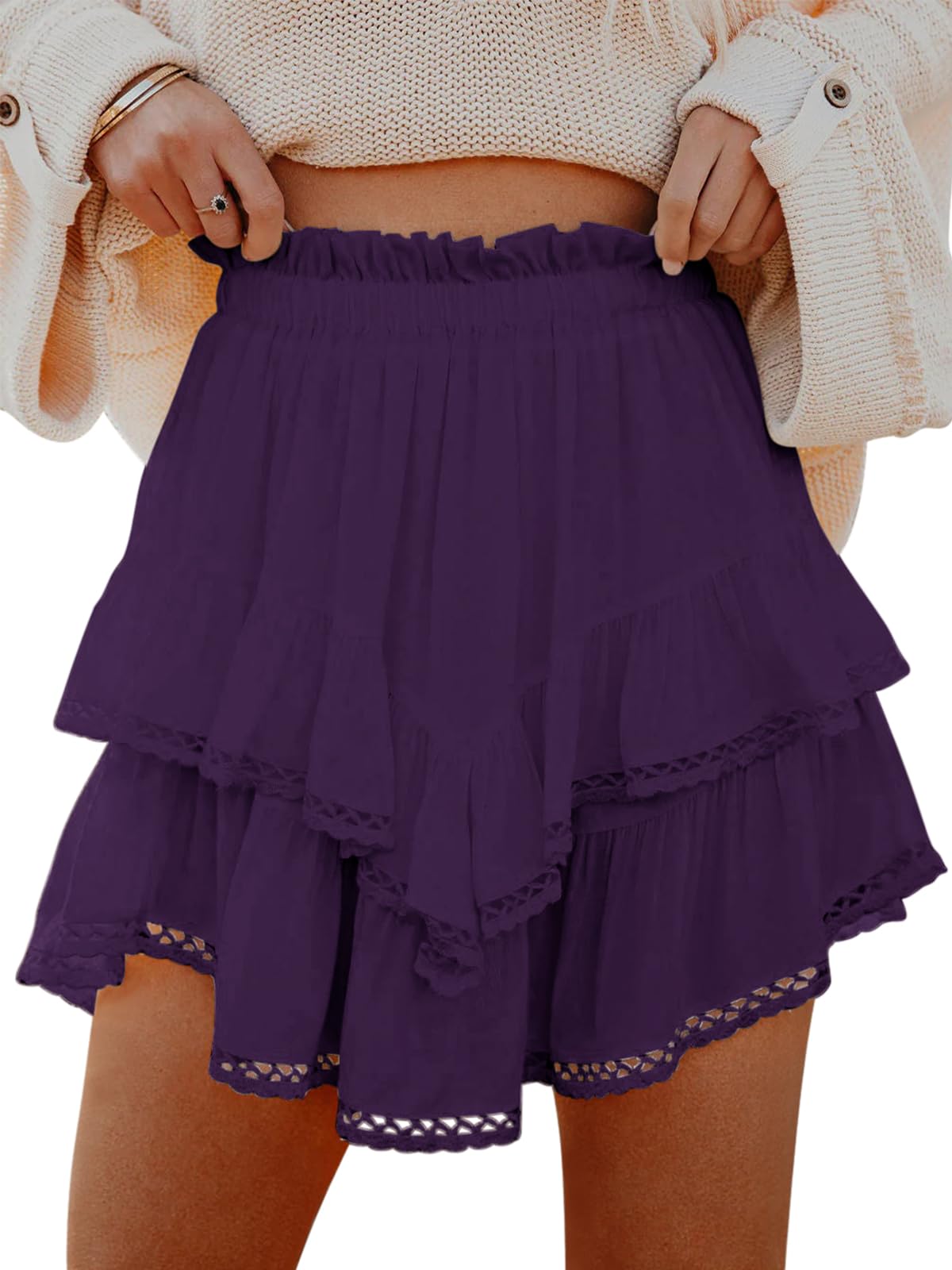 Aoudery Flowy Shorts for Women Casual Boho Ruffle Tiered Skorts High Waist Mini Skirts Golf Tennis Butterfly Crochet Shorts - Dark Purple S