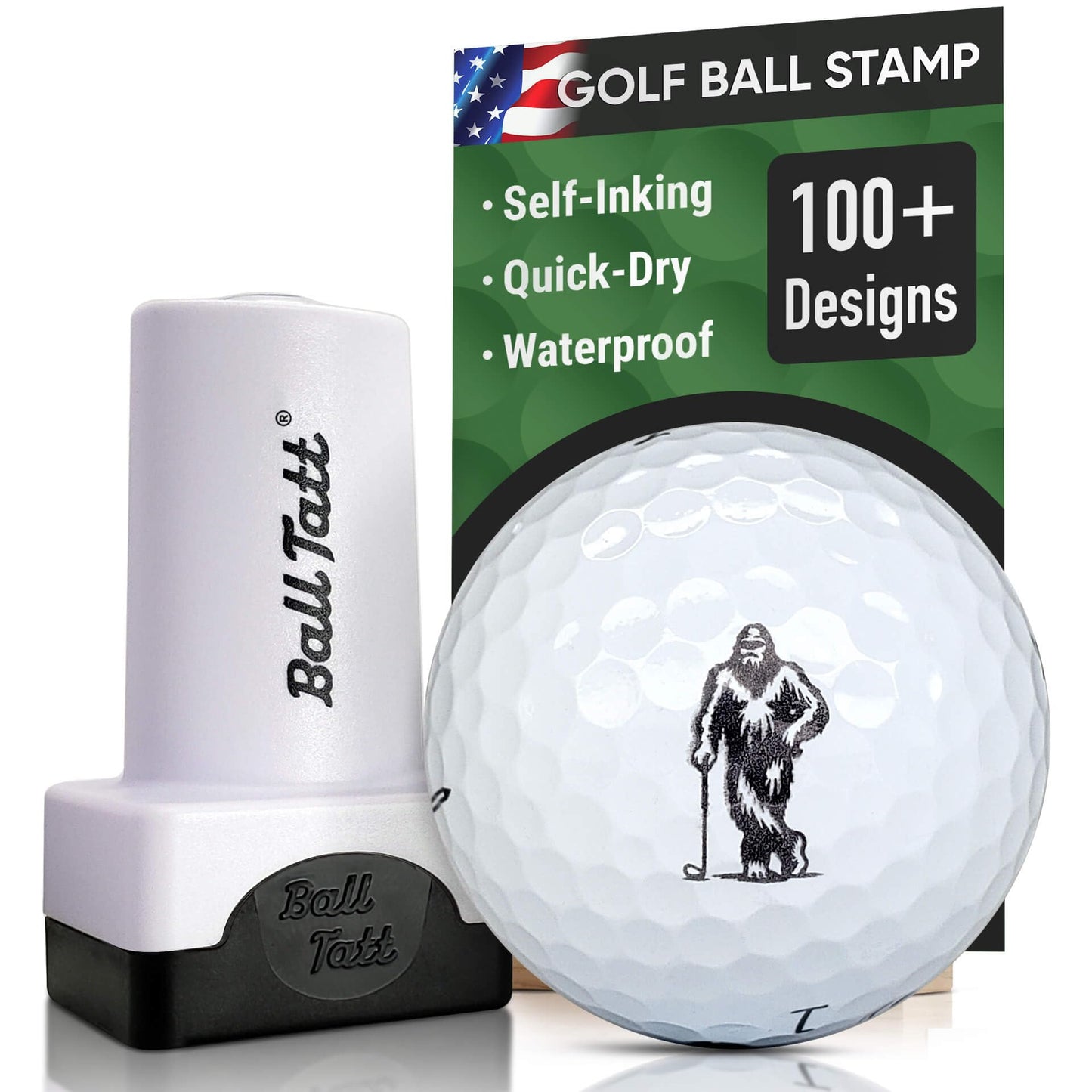 Ball Tatt - Golf Ball Stamp - Self-Inking Marker - Quick-Dry Permanent Marking Tool, No Leaks or Refills, Reusable & Waterproof Golfing Stamper - Ideal Gift for Golfers, Dads, (Sasquatch Golfer).