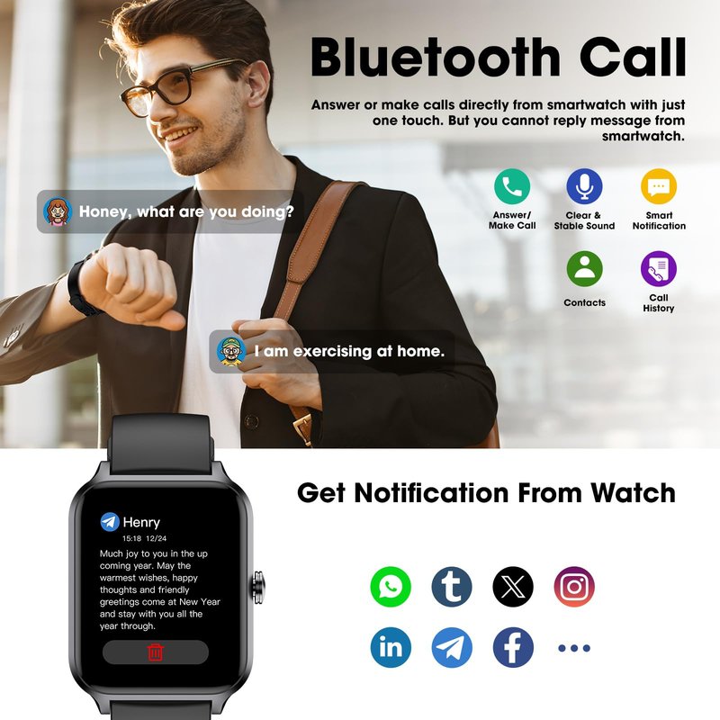 Smart Watch(Answer/Make Call), 1.69" Fitness Tracker with Heart Rate Blood Oxygen Monitor, Sleep Monitor Health Tracker, 100+ Sports Modes, Step Counter, IP68 Waterproof Fitness Watch for Android iOS
