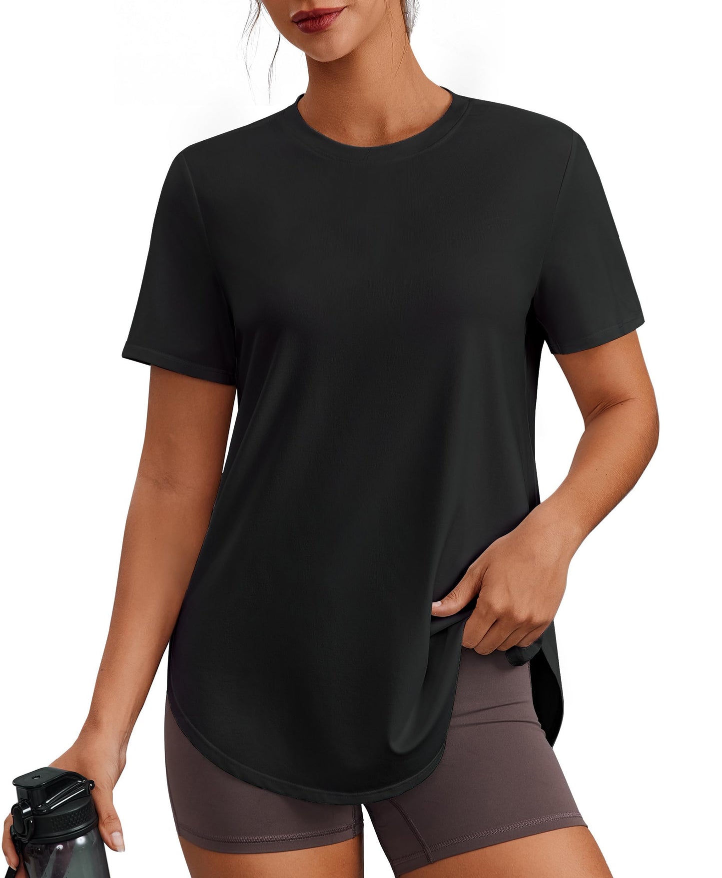PINSPARK Workout Shirts Women Short Sleeve Gym Clothes UPF 50+ Athletic Tops Soft Exercise Running T-Shirt Activewear, Black Large