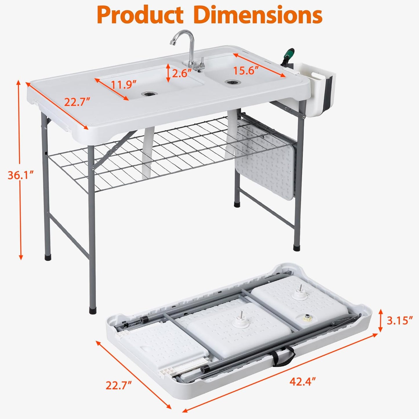 Folding Fish Cleaning Table with Sink - Portable Outdoor Fish Fillet Cutting Station | 42.4" with Drainage Hose & Grid Rack