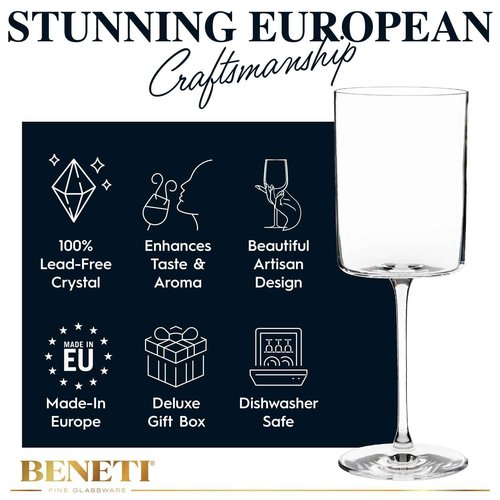 BENETI Square Crystal Wine Glasses Set Of 4 - European-made Handblown 14 oz Gift Packed Glasses - Large White & Red Wine Goblets W/Laser-cut Rim, Dishwasher-safe Clear glass gifts Set