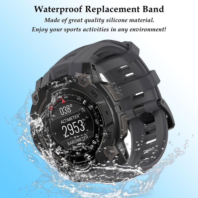 TopPerfekt Band Compatible with Garmin Instinct 3 50mm, Soft Silicone Replacement Watch Band 26mm Width Strap and 2 Pack Screen Protectors for Instinct 3 Smart Watch for Women Men (Grey)