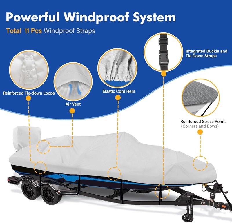 Waterproof Boat Cover - 1200D Heavy Duty Canvas for 14' to 16' Bass, V-Hull & Tri-Hull Boats | Gray