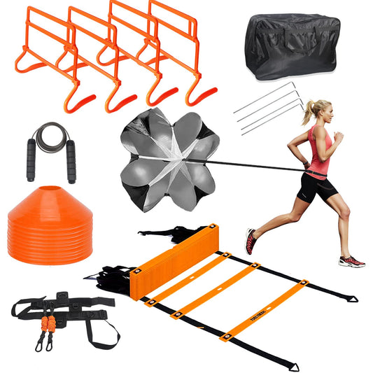 TOCO FREIDO Speed&Agility Training Set – 20ft Agility Ladder Set with 12 Rungs, 4 Adjustable Training Hurdle, 12 Disc Cones, 2 Resistance Bands, 1 Running Parachute and Footwork Drills Equipment