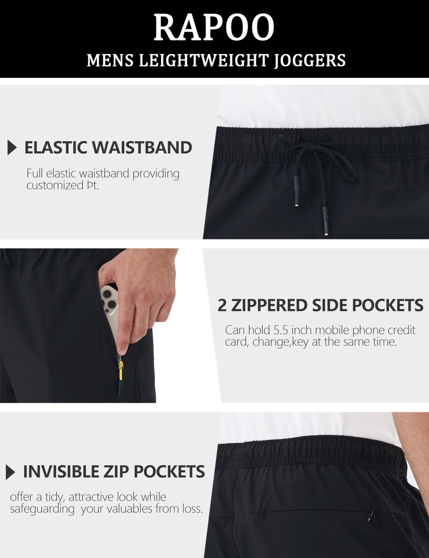 Rapoo Athletic Workout Pants for Men Sweat Hiking Track Pants for Men Summer Lightweight Sweatpants Jogger Jogging Pant with Pockets Black S