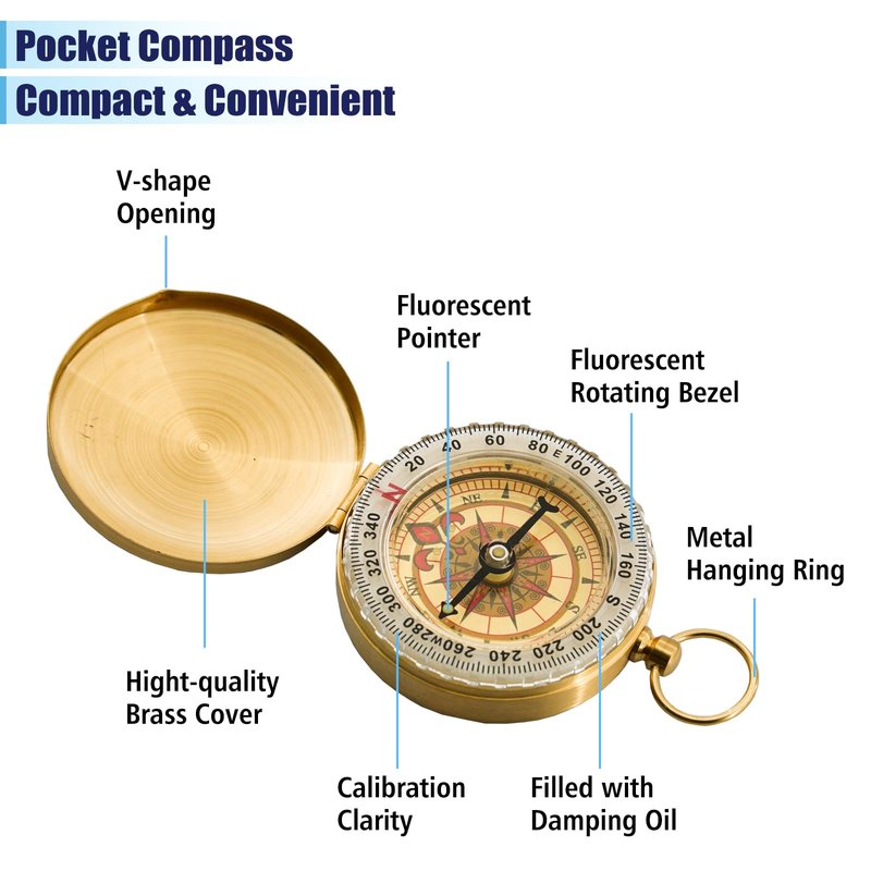 Rovella 2Pcs Metal Camping Survival Compass, Brass Pocket Compass, Glow in The Dark Survival Gear for Hiking Camping Hunting Navigation