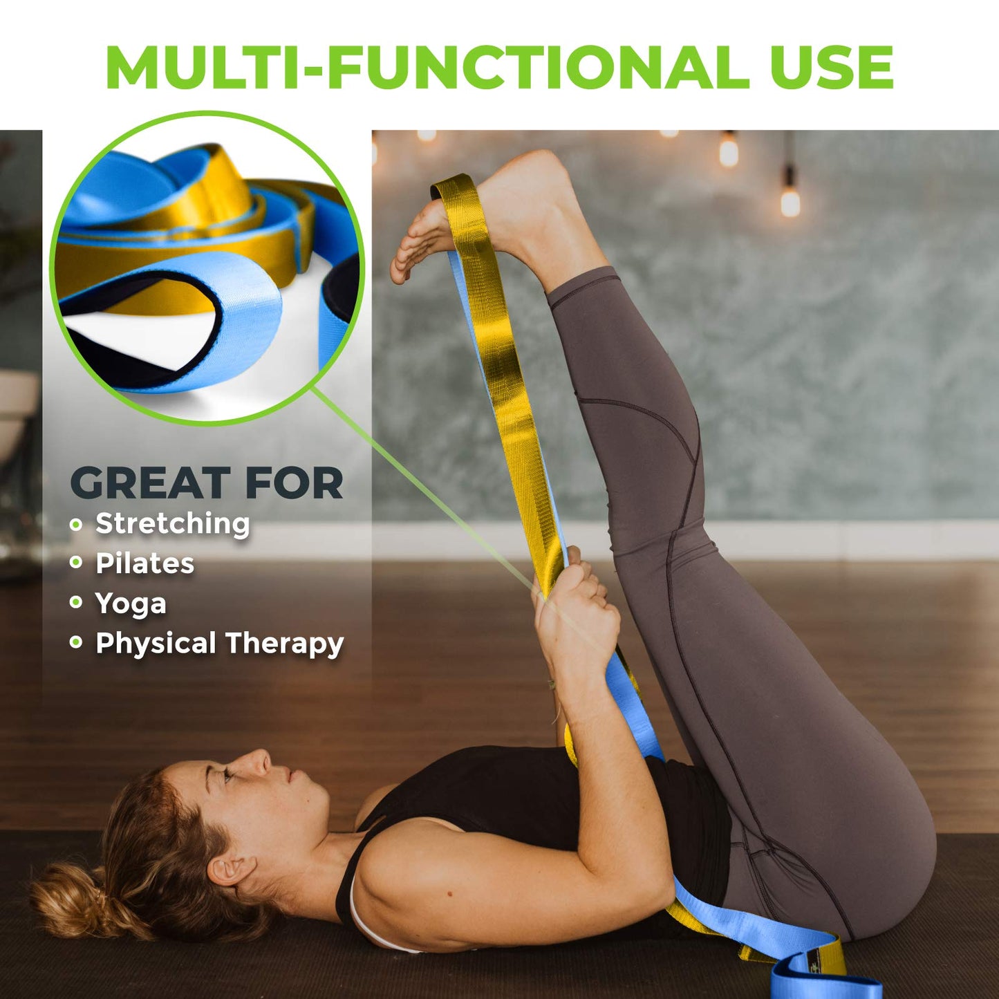 Gradient Fitness Stretching Strap for Physical Therapy, 12 Multi-Loop Stretch Strap 1.5" W x 8' L, Neoprene Handles, Physical Therapy Equipment, Yoga Straps for Stretching, Leg Stretcher (Blue/Gold)