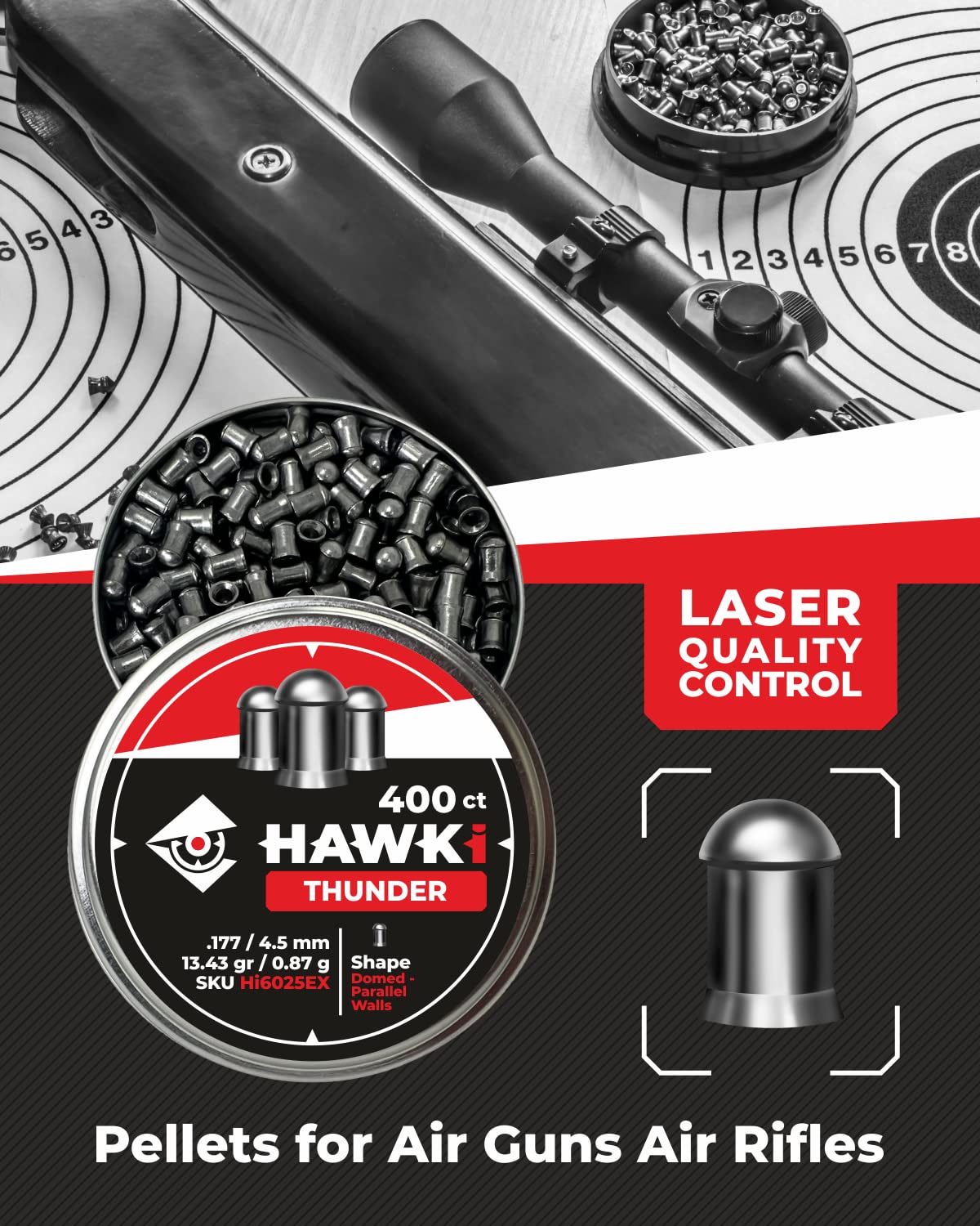 Hawki Airgun Pellets -.177/4.5mm Caliber (13.43 gr/0.87 g) 400 ct Hi6025EX Domed - Parallel Walls