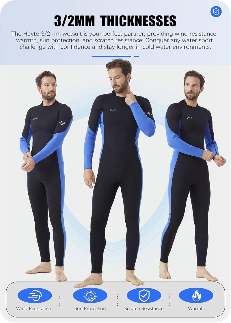 Hevto Men’s 3/2mm Neoprene Wetsuit - Front & Back Zip for Cold Water Surfing, Swimming, Diving