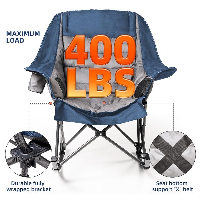 Foristrail Oversized Rocking Camping Chair for Adults - 400lbs Capacity Padded Camp Chair with Cup Holder, Portable Foldable Outdoor Rocker Chair for Camping, Backyard (Blue & Dark Gray, 1 PCS)