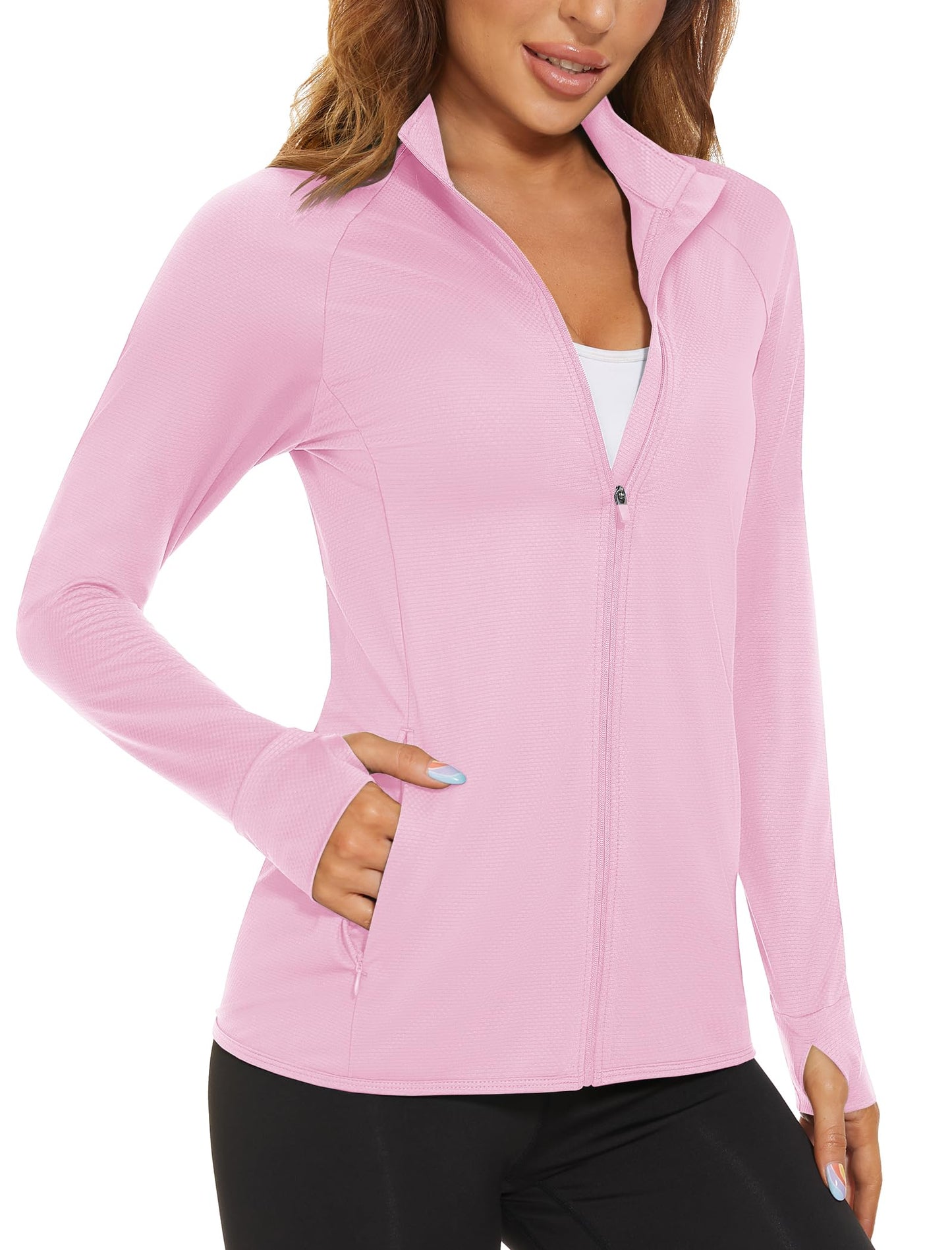 MAGCOMSEN Women's Zip Up Lightweight Long Sleeve Jacket UV Sun Protection Quick Dry Active Shirts Jacket with Zipper Pockets Light Pink L