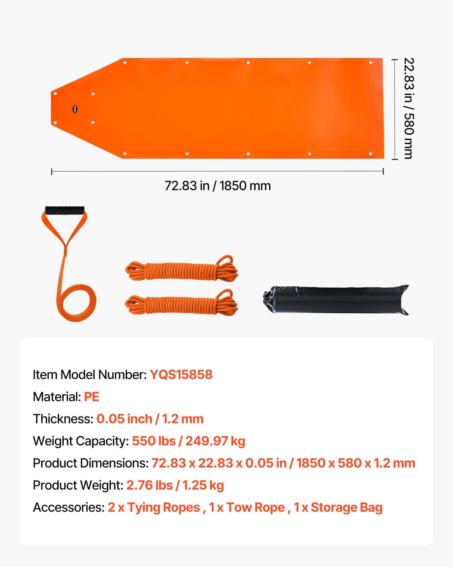 VEVOR Deer Drag Sled, 72.8 x 22.8 in, 550lbs Heavy Duty Yard Utility Sled, Tear-Resistant PE Drag Glider Mat with Ropes & Handle, Thickened Game Hauler for Firewood Ice Fishing Hauling Hunting