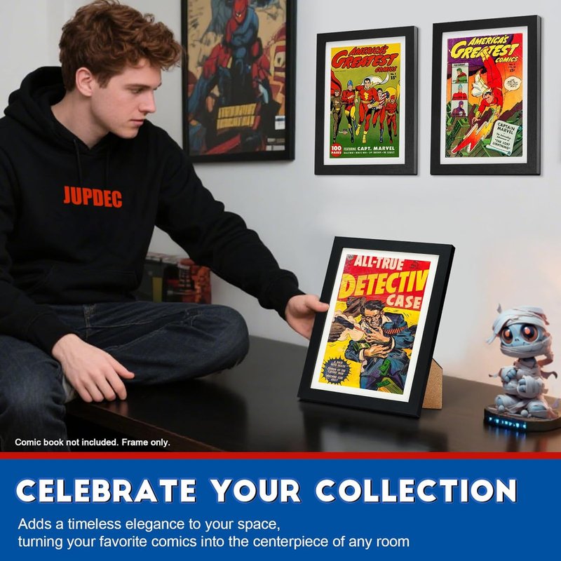 Comic Book Frame - Premium Wood Display Case for 6.7" x 10.2" Comics | Wall Mount or Tabletop Stand, White
