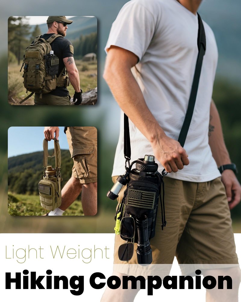 DEFUNX 32 Oz Water Bottle Holder with Strap Gym Accessories for Men Bottle Carrier Bag with Phone Pocket MOLLE System for Walking All Black