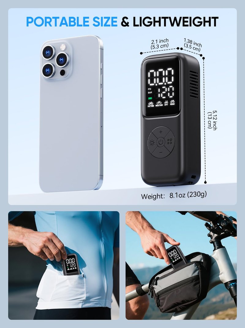 GPUTEK Mini Electric Bike Pump,120 PSI Bike Pump Portable with Guage Auto Stop, Bicycle Pump with Presta and Schrader, Bike Tire Pump Valve for Road Bicycle, Mountain Bike, E-Bike,Sports Ball