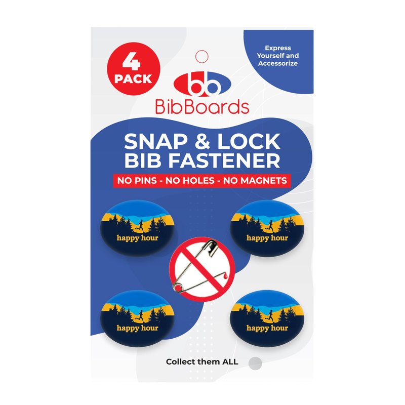 bibSNAPS Race Bib Clips - Safety Lock Fasteners - Secures Running, Marathon, Cycling, and Event Numbers, Non Magnetic, Easy to Use, Soft & Reusable, Replacement for Pins & Magnets - Happy Hour (4pcs)