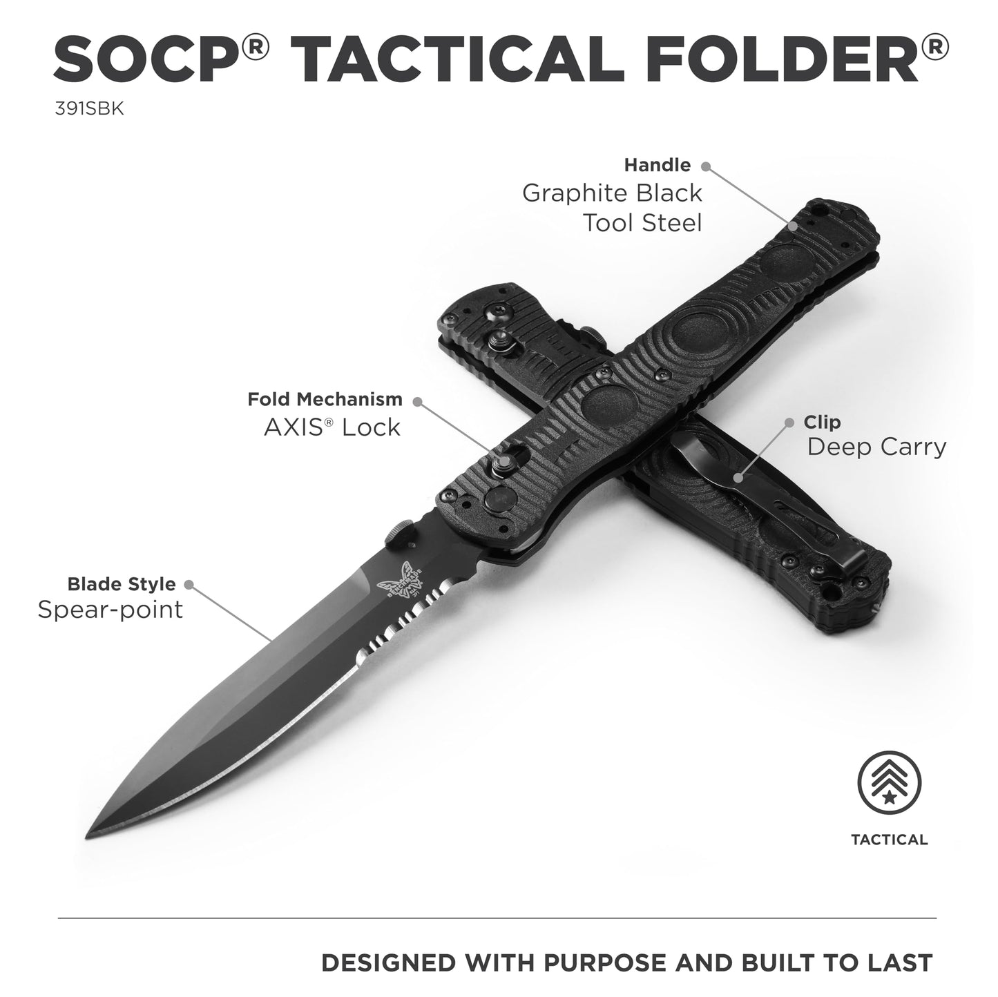 Benchmade - SOCP 391SBK Tactical Knife with Graphite Black CF Elite Handle (391SBK)