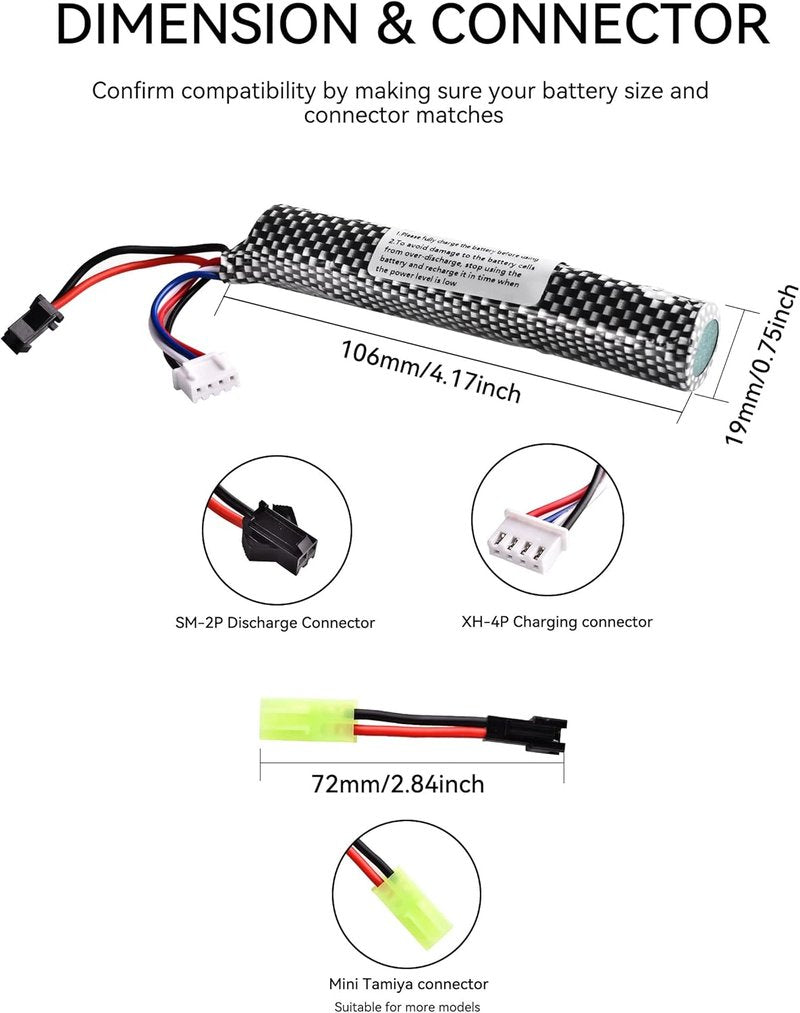 Rechargeable 11.1V 2000mAh Battery with Charger - Mini Tamiya Connector for Airsoft & Gel Ball Blaster Gun | 2-Pack