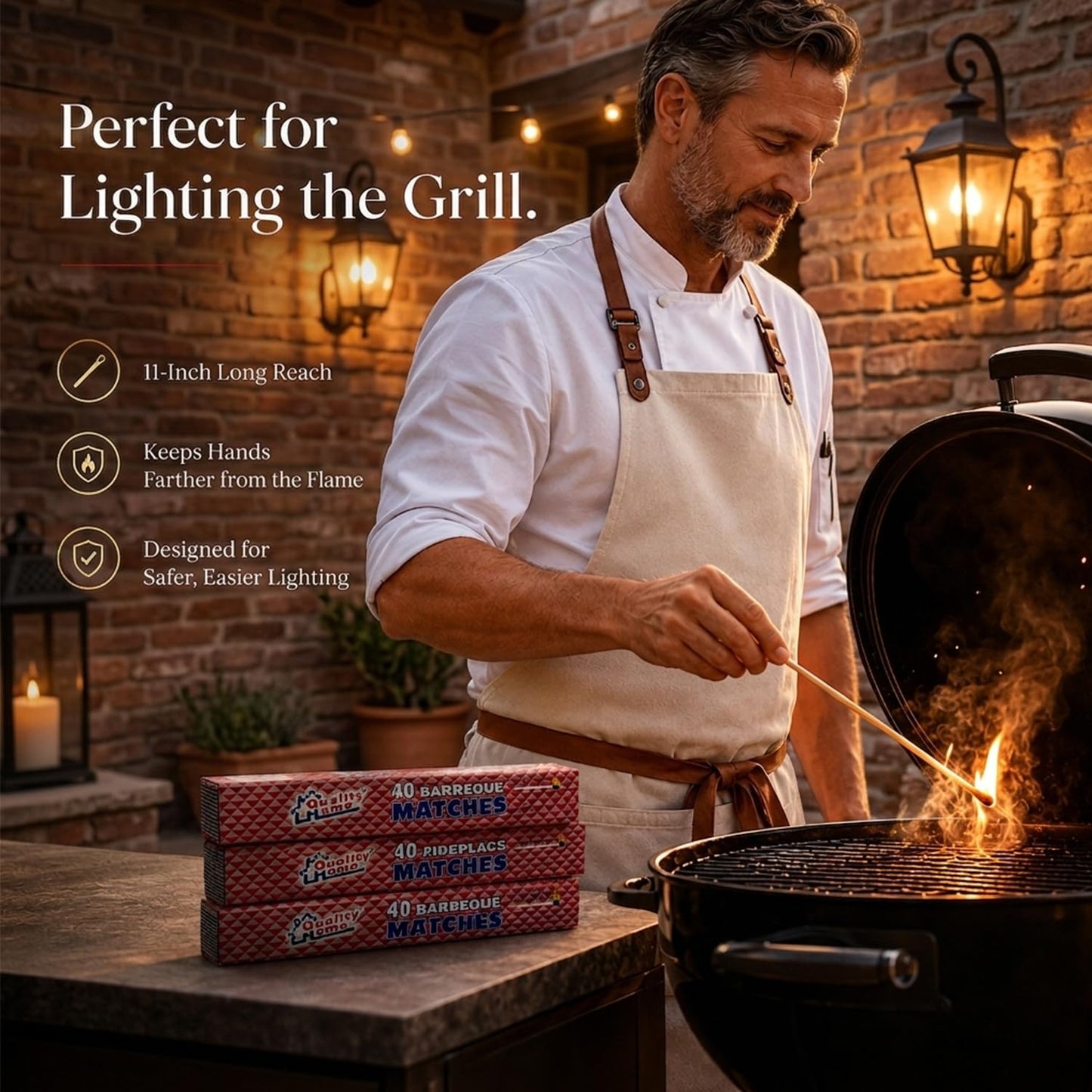 Quality Home Long Wooden Fireplace Matches for Candles, Camping, BBQ Grilling - 11" Matches, 40 in Each Box (3)
