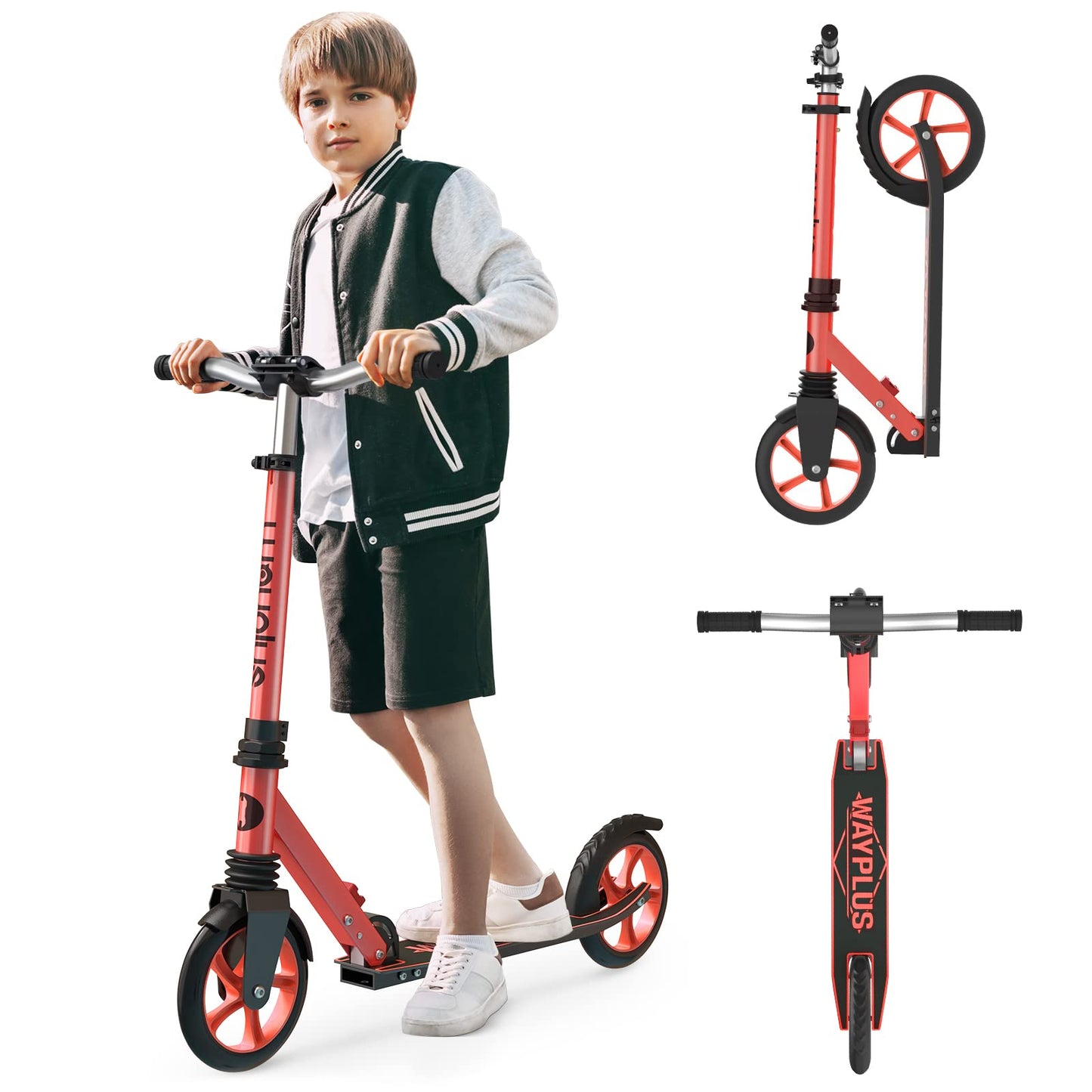 WAYPLUS Lightweight Kick Scooter for Kids, Teens and Adults, Foldable, 8-Inch Non-Slip Deck, ABEC9 Bearing, Adjustable Height 3.9-6.2FT, Red