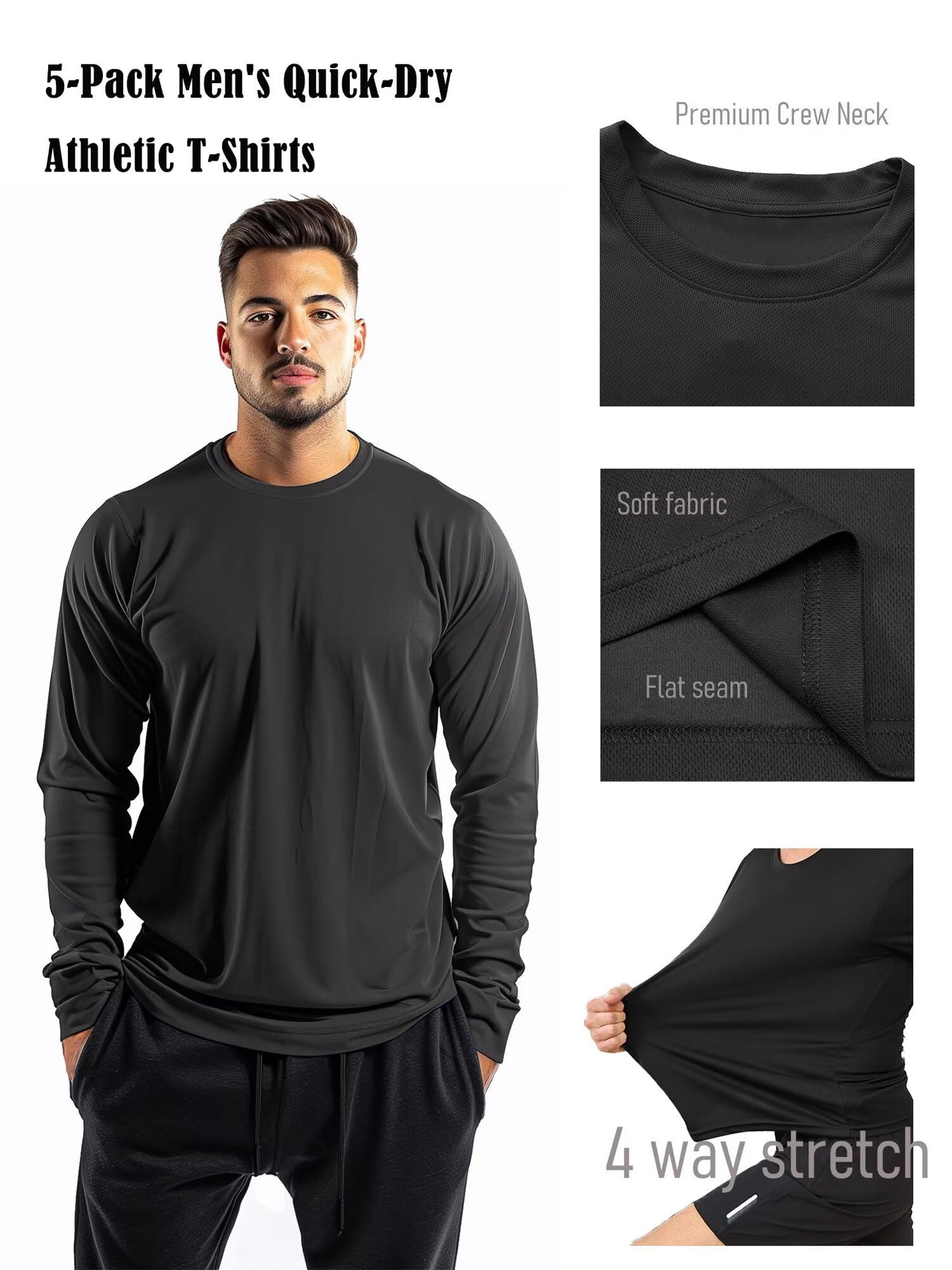 5 Pack Mens Long Sleeve Quick Dry Active Athletic T Shirt Running Gym Workout Tee Tops