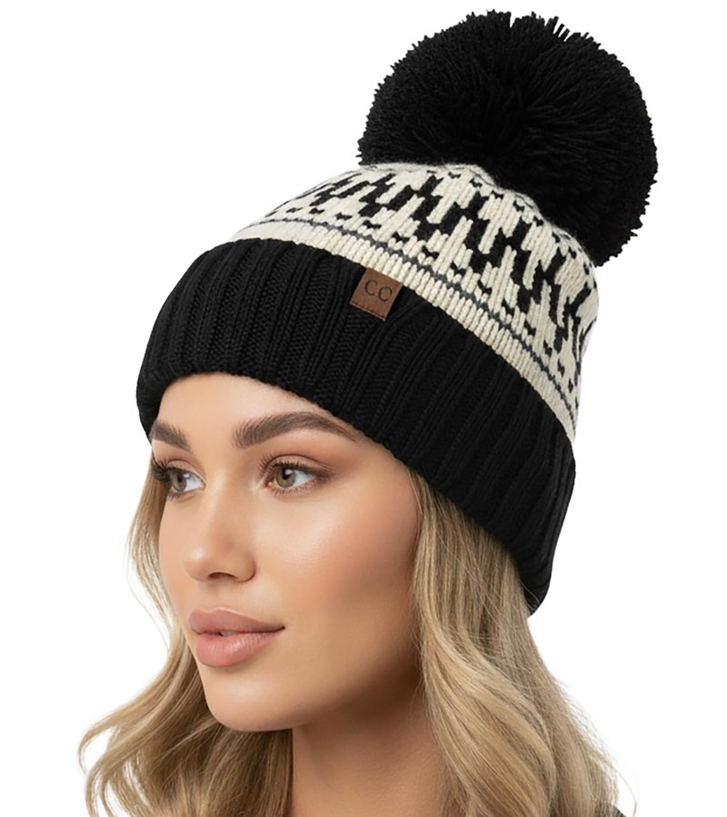 Funky Junque Women’s Winter Beanie Hat – Abstract Knit Pom Pom Beanie, Soft Rayon Polyester Nylon Blend, Après Ski Cold Weather Hat - Black