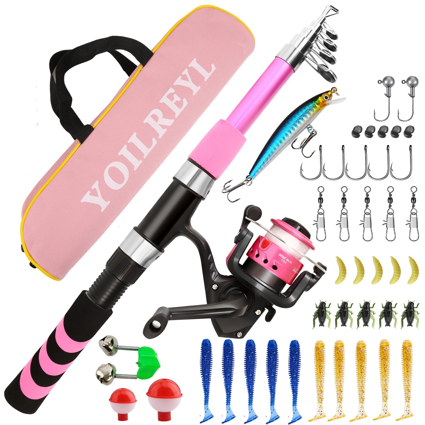 Yoilreyl Kids Fishing Rod and Reel Combo Push Button Small Collapsible Telescopic Fishing Pole Kit Beginner Youth Girls Fishing Starter Set Tackle (Spinning Rod, 5.91FT,Pink)