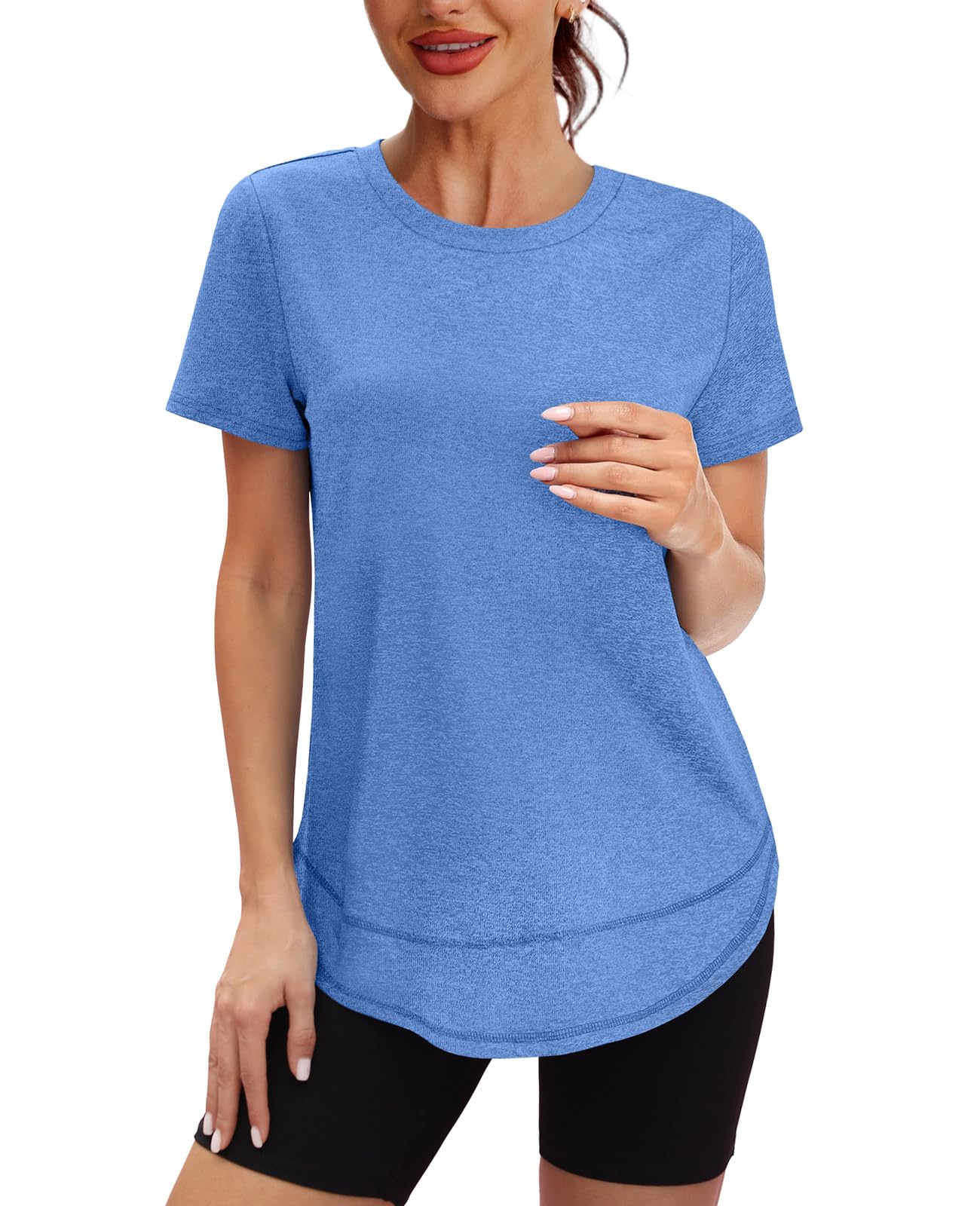 Short Sleeve Shirts for Women Workout Yoga Tops Sun Protection Clothing Summer Outfits Rash Guard Side Slit Blue XL