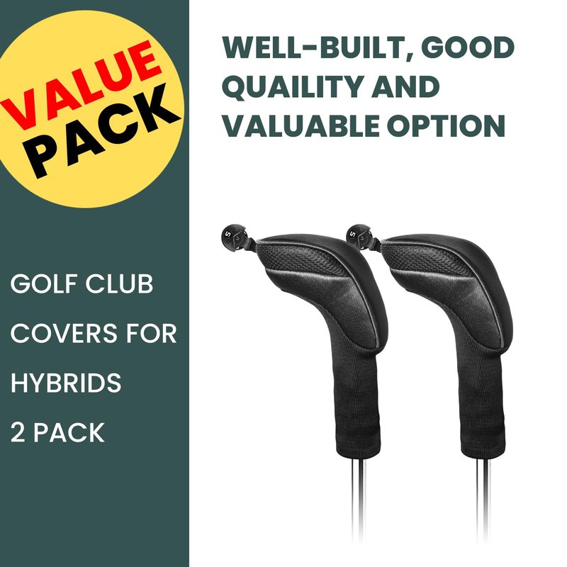 FINGER TEN Golf Club Head Covers for Hybrids Long Headcover Interchangeable Accessories for Ultimate Club Protection (2 Hybrid-Black)