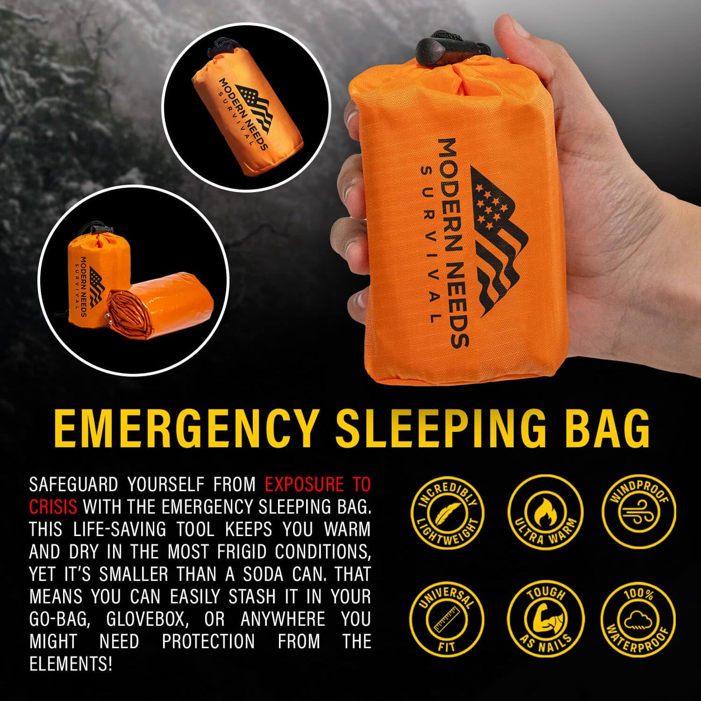 Modern Needs Emergency Sleeping Bag (1 Pack) – Emergency Thermal Blankets for Survival – A Must-Have for Your Survival Gear and Supplies