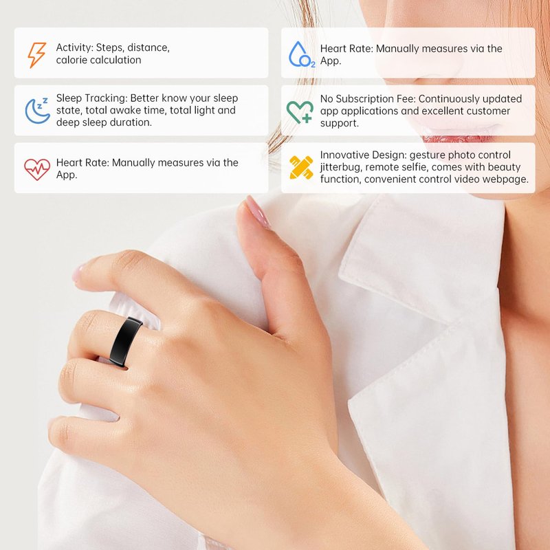 Smart Ring - Silver - Size 9 - Health Tracker with Free Subscription, Gesture Beauty Photo & Brush Video, Fitness Sleep Heart Rate Blood Oxygen Tracking Ring with Charging Case, Gifts for Women & Men