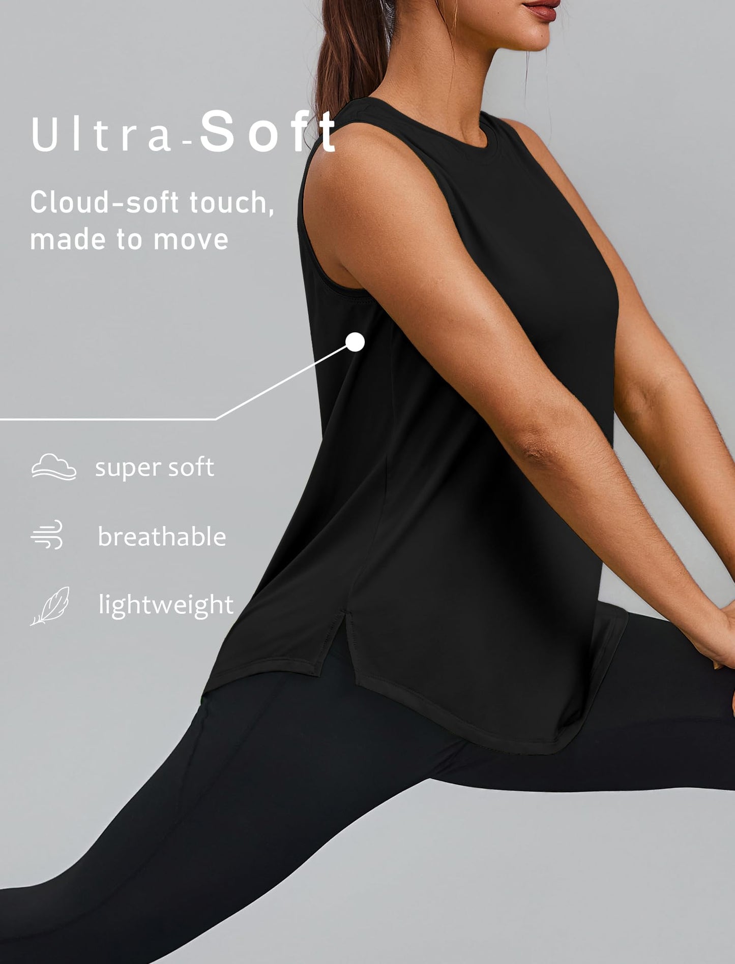 PINSPARK Womens Workout Tank Tops Sun Protection Athletic Tennis Top Crew Neck Running Tops Sleeveless Yoga Muscle Tank Hip Length Gym Shirts Loose Fit, Black Large