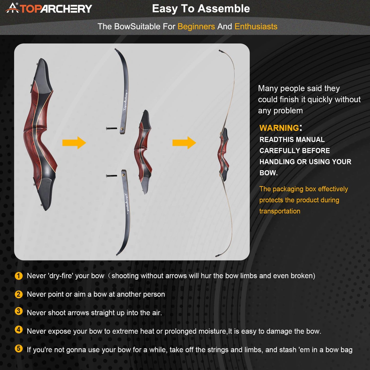 TOPARCHERY Archery 60" Takedown Hunting Recurve Bow and Arrow Set for Adults Practice Competition Longbow Kit 30-50lbs with 6pcs Arrows Right Hand Black
