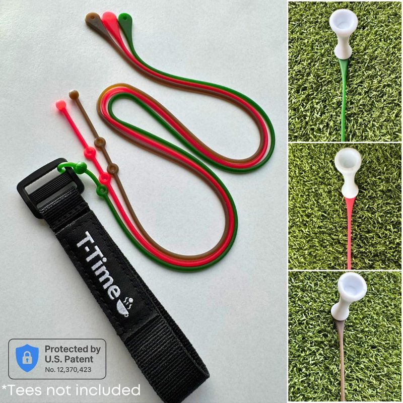 T-Time® Golf Tee Anchor Leash & Tether – US Patented – Keeps Tees in Place for Driving Range and Simulator Practice, 1 Strap + 3 Silicone Strings (Pink, Green, Grey)