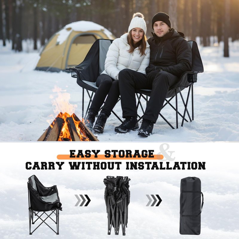Heated Double Camping Chair for Adults, 4 Heating Zones & 3 Heat Levels, Padded Loveseat Oversize Folding Chair Portable for Outdoor Sports Lawn, Use 5v/3a Power Bank (Not Included)(Black, Gray)