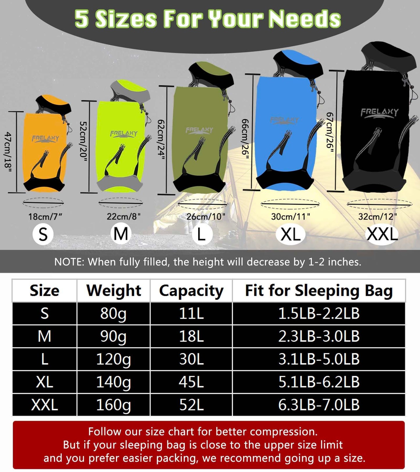 Frelaxy Compression Sack, 40% More Storage! 11L/18L/30L/45L/52L Compression Stuff Sack, Water-Resistant & Ultralight Sleeping Bag Stuff Sack - Space Saving Gear for Camping, Hiking