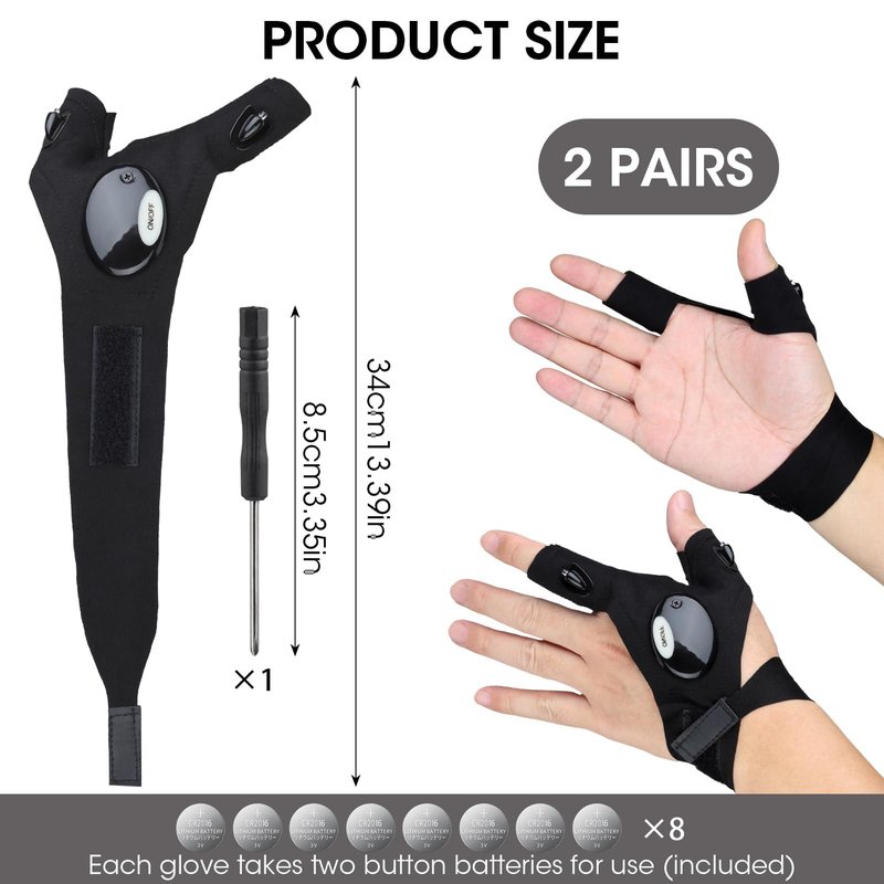 OMASUNB Flashlight Gloves for Men, 4 PCS (2 Pairs) LED Gloves, with Finger Flashlights for Fishing, Repairing and Camping, Ideal Gifts for Men, Dads and Boyfriends on Valentines Day and Birthdays