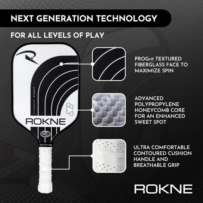 ROKNE Curve Classic Pickleball Paddle | USAPA Approved Fiberglass Pickleball Paddles | Precision Engineering & Comfort | ProGrit Texture for Max Spin & Power | Paddle
