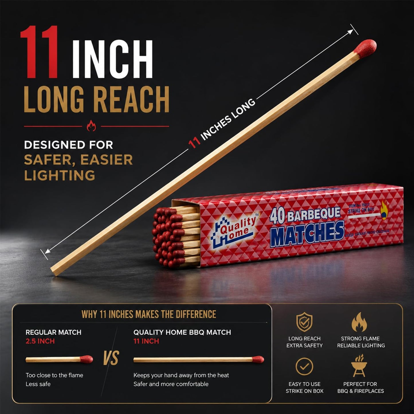 Quality Home Long Wooden Fireplace Matches for Candles, Camping, BBQ Grilling - 11" Matches, 40 in Each Box (3)
